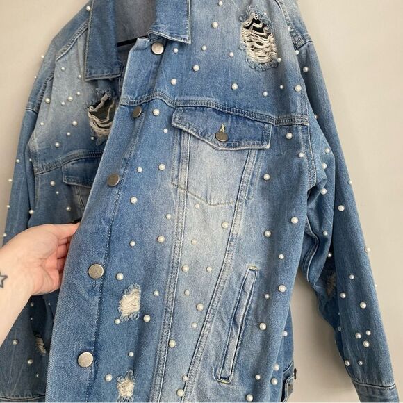Free People Sunday Funday Blue Oversized Pearl Denim Jacket Distressed Slouchy - Picture 4 of 10